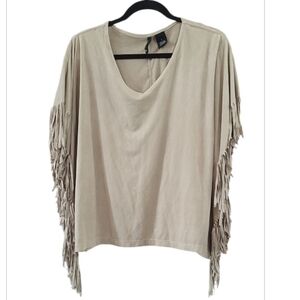 New Directions Tan Fringe Faux Suede Poncho Style Top
